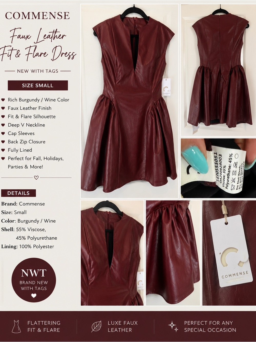 Commense Faux Leather Fit & Flare Dress - Burgundy Wine NWT!!